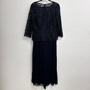 Vintage Patra Blue Evening Formal Dress Sz 14 Floral‎ Lace Overlay Bodice Belted